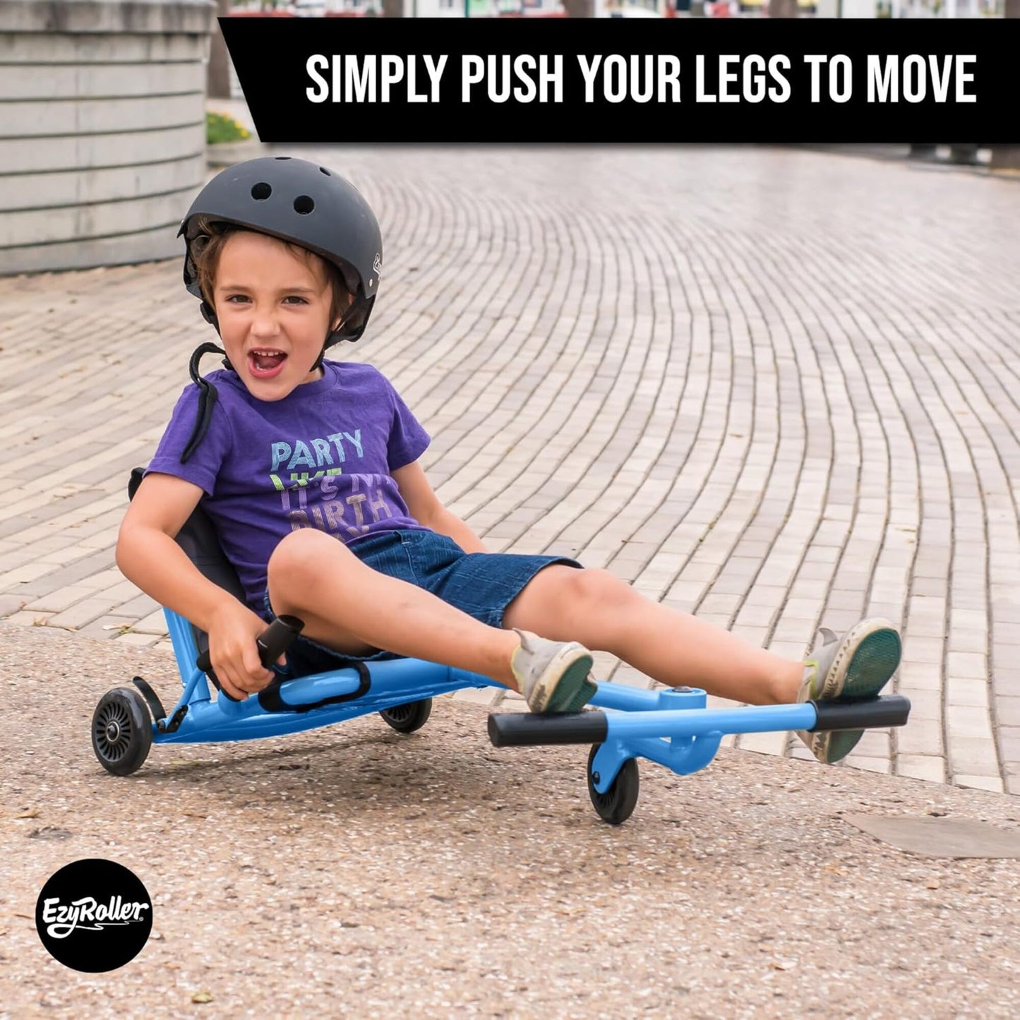 EzyRoller Classic Aqua Blue ride-on toy with child demonstrating leg-powered movement