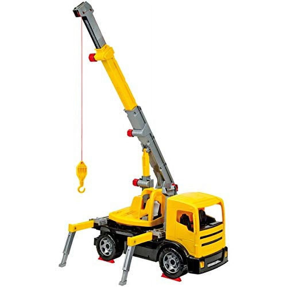 Yellow and black toy crane truck with extendable boom arm, gray outriggers, and yellow hook and cable
