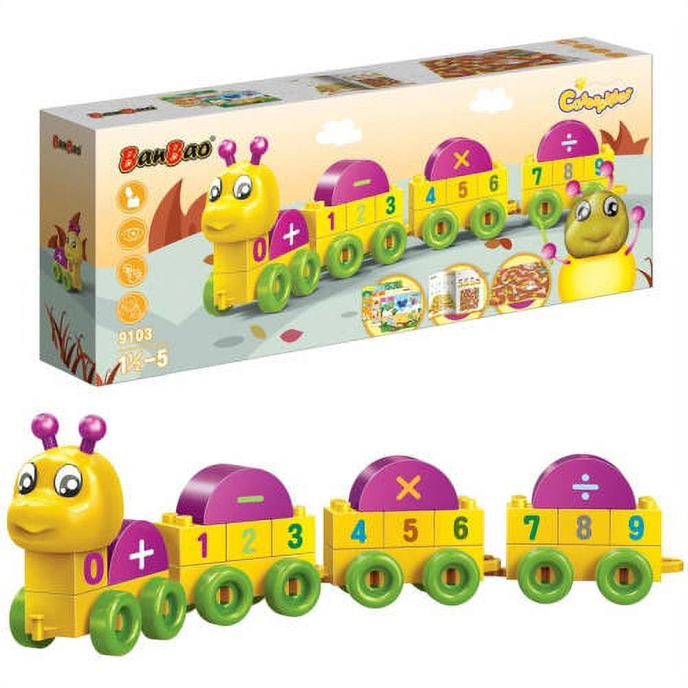 BanBao caterpillar-shaped learning train with yellow head and body segments, purple domed number cars with green wheels, displayed assembled and in packaging