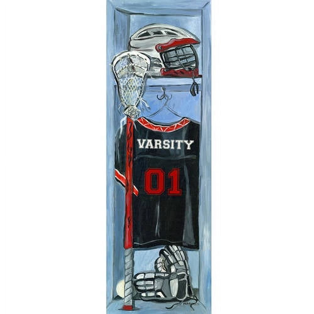 Lacrosse locker illustration with white helmet, red and black varsity jersey numbered 01, lacrosse stick, and protective gloves on blue background
