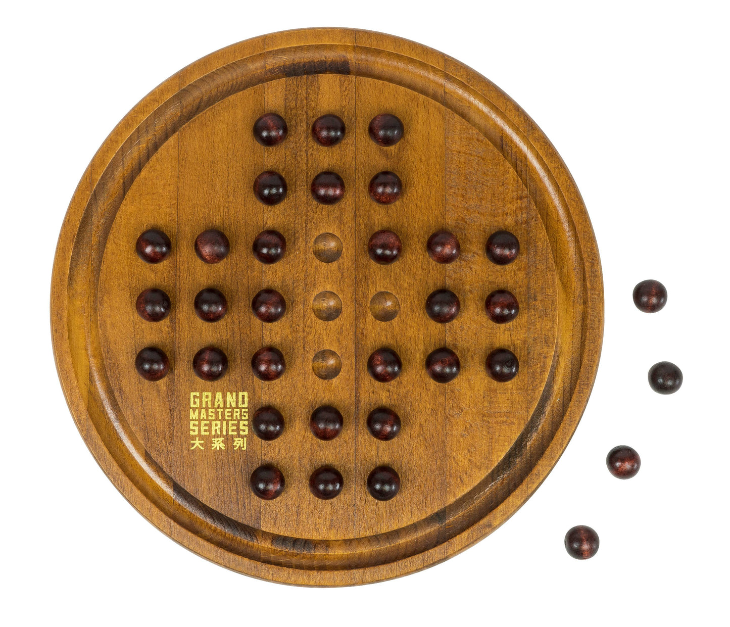 Wooden solitaire puzzle board with dark wood pegs arranged in holes, four loose pegs shown beside