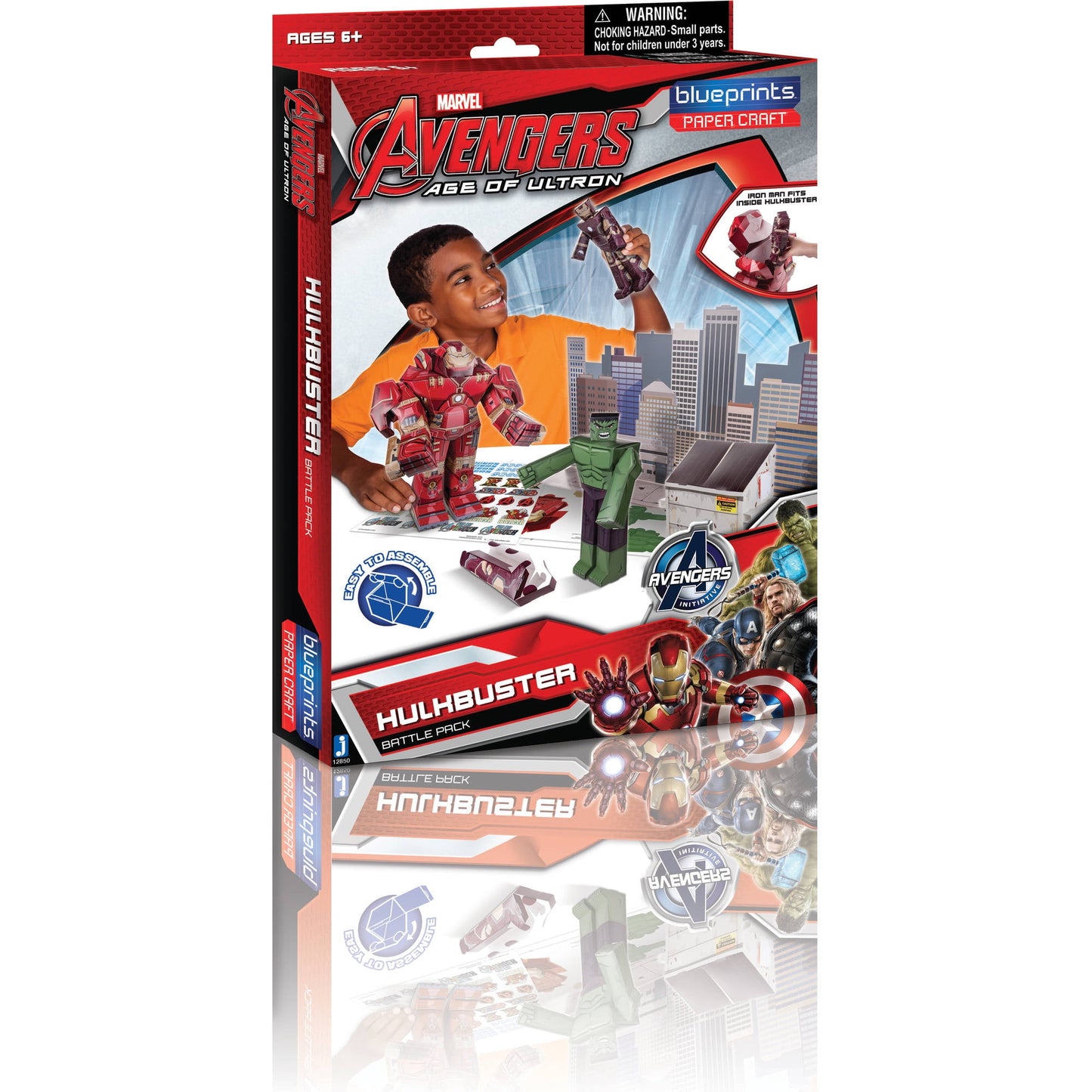 Marvel Avengers Age of Ultron Blueprints paper craft set packaging showing child modeled with red Iron Man and green Hulk paper models, includes Hulkbuster batt