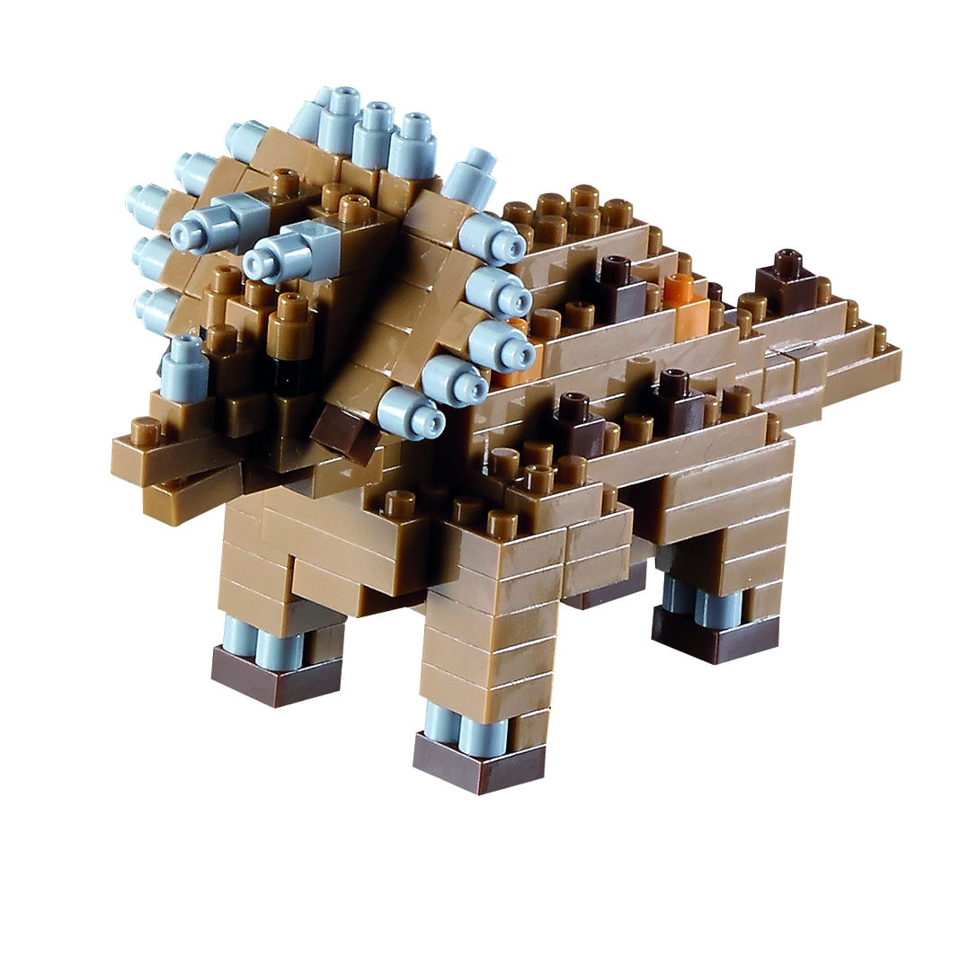 Brixies building block set assembled into a brown and tan triceratops dinosaur figure with blue accents on a plain white background