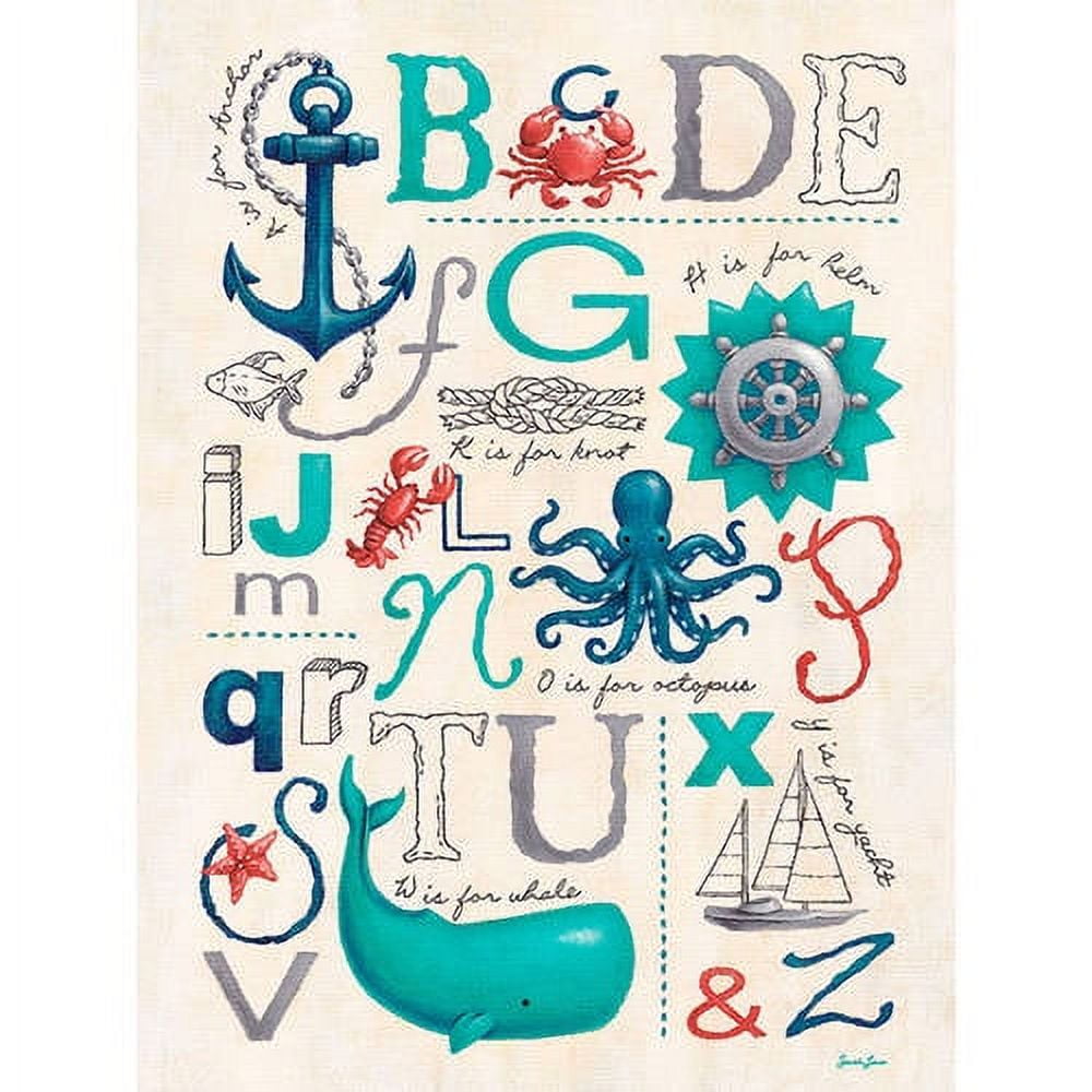 Nautical ABCs giclee canvas art featuring alphabet letters A-Z with ocean-themed illustrations including anchor, crab, octopus, whale, starfish, sailboat, and s