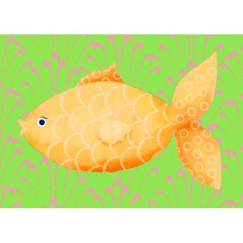 Illustrated yellow and orange goldfish with scaled pattern swimming among pink seaweed on green background