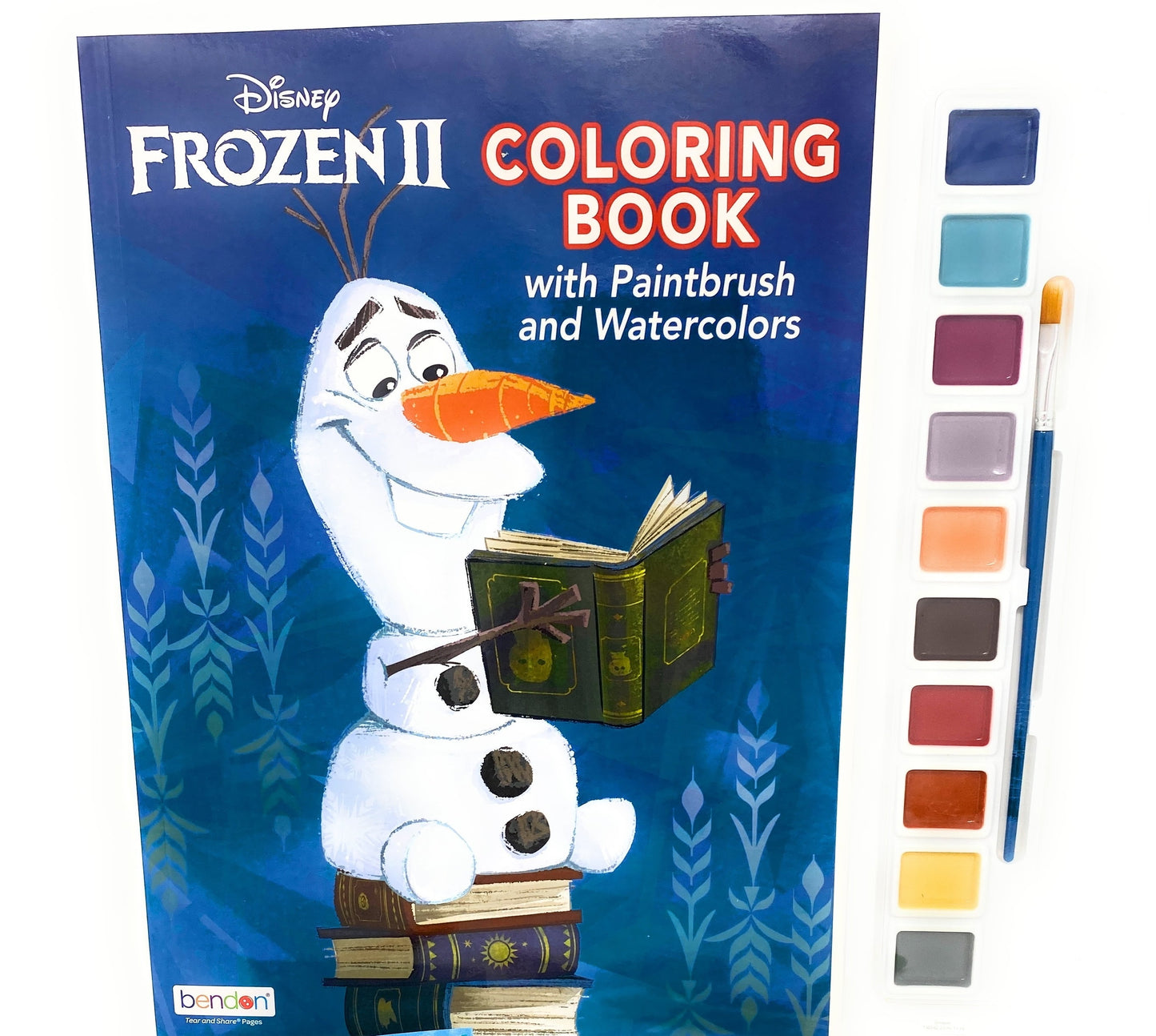 Disney Frozen II Coloring Book with Paintbrush and Watercolors, featuring Olaf holding an open book, with ten watercolor paint squares and brush included