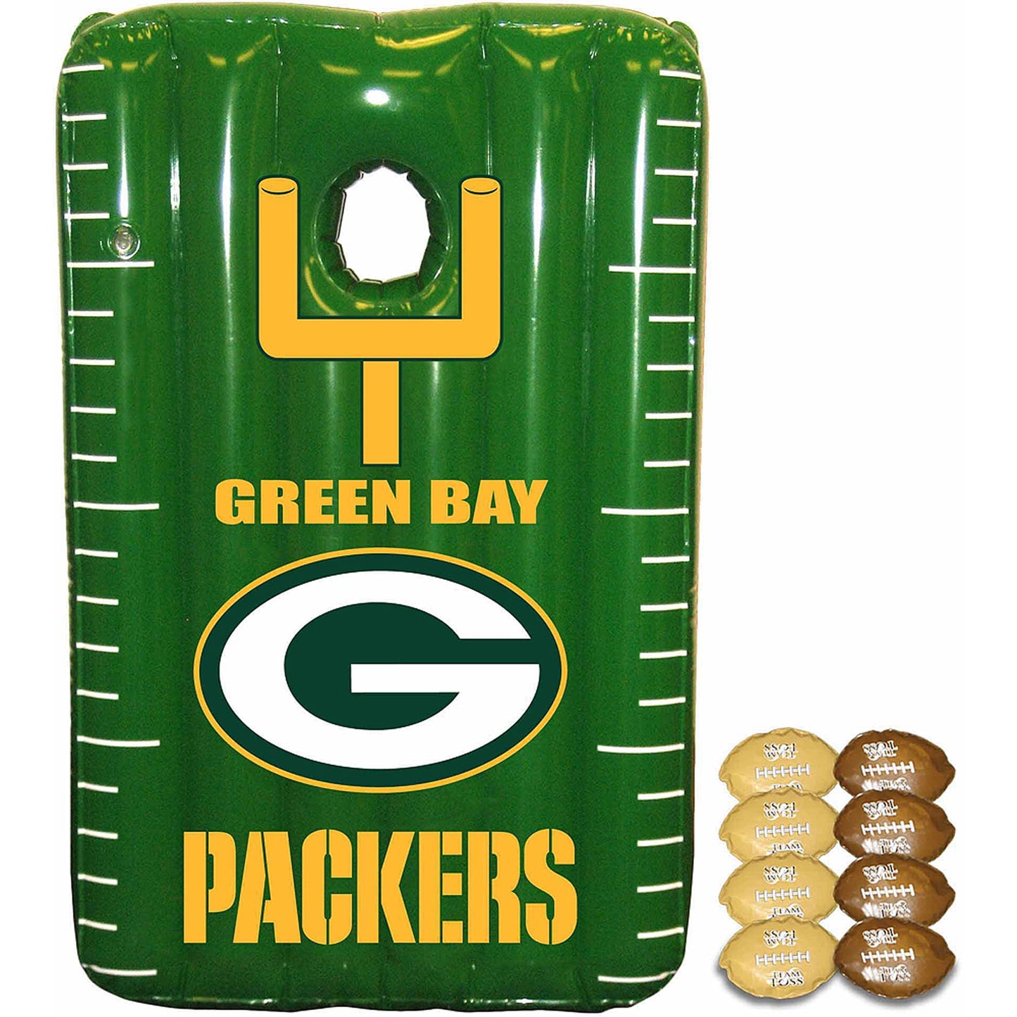 Green Bay Packers cornhole game with football-shaped bean bags in tan and brown