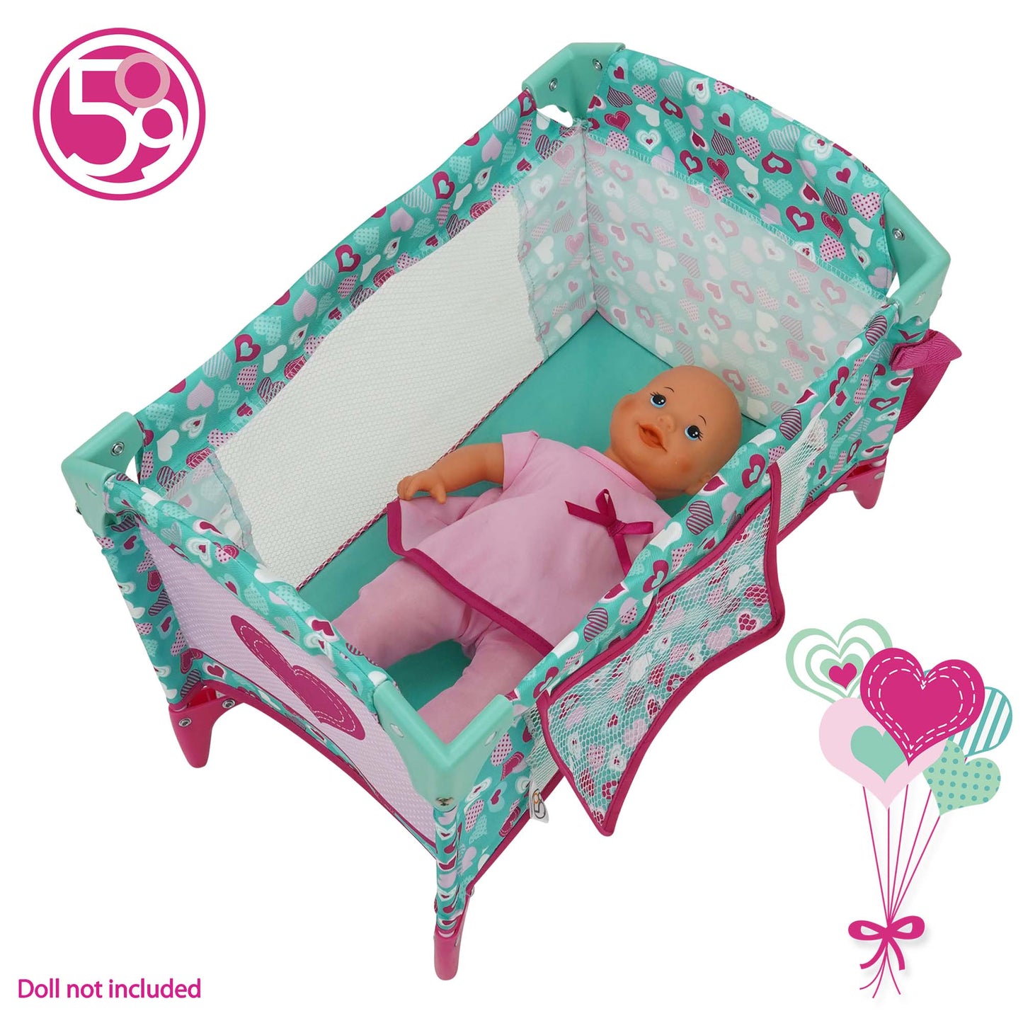 509 Crew Mint Heart Dream n' Fun Doll Play Yard with turquoise and pink heart pattern
