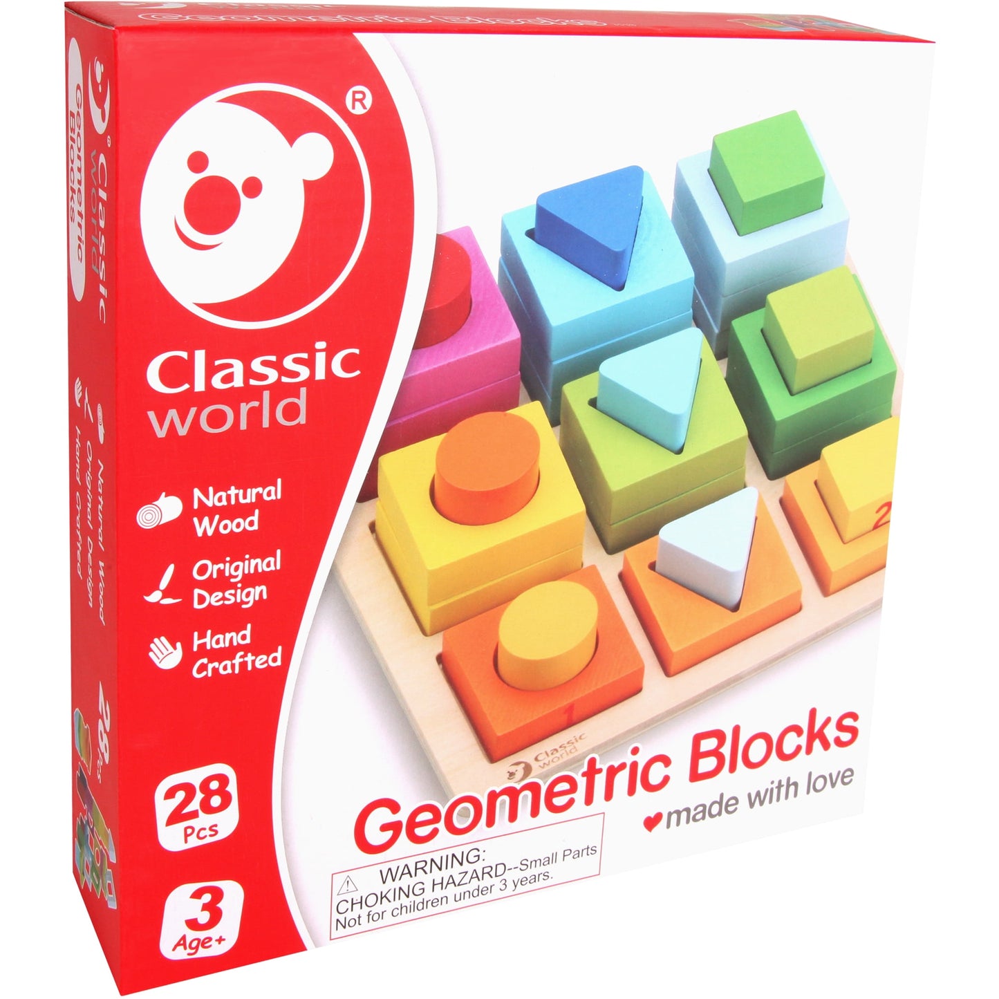 Classic World Geometric Blocks Set with 28 wooden pieces in multiple colors stacked on a natural wood base, featuring cubes, triangles, and cylinders in yellow,