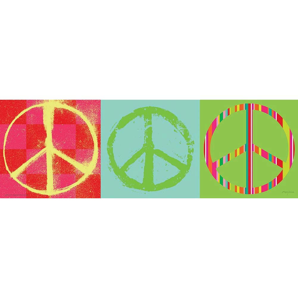 Three colorful peace symbol designs: left panel red and pink with yellow peace sign, center panel mint green with green peace sign, right panel lime green with
