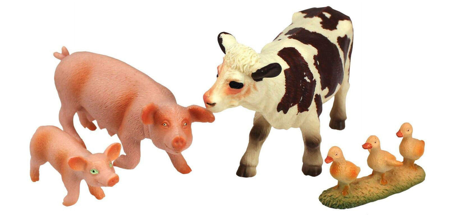 Farm animal figurines playset including pink pigs, brown and white cow, and yellow ducks on plain background