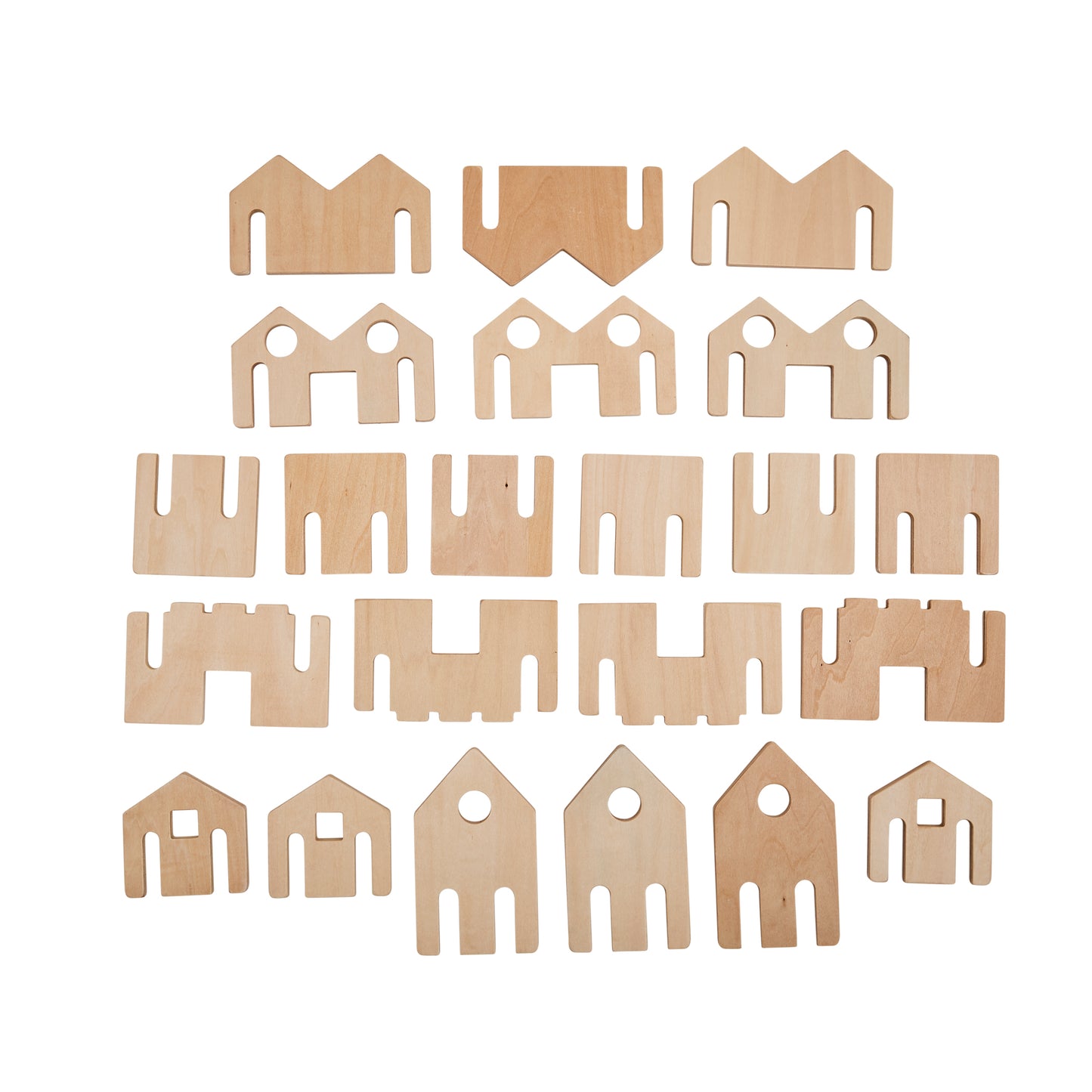 22 wooden building blocks in natural light wood with various house and architectural shapes, featuring cutout windows and doors, arranged on plain background