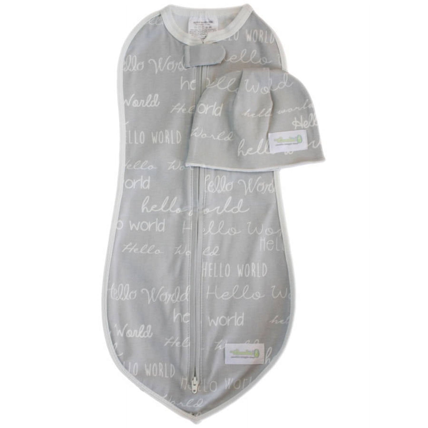 Grey swaddle sack and matching beanie hat set with 'Hello World' text pattern, displayed on plain background