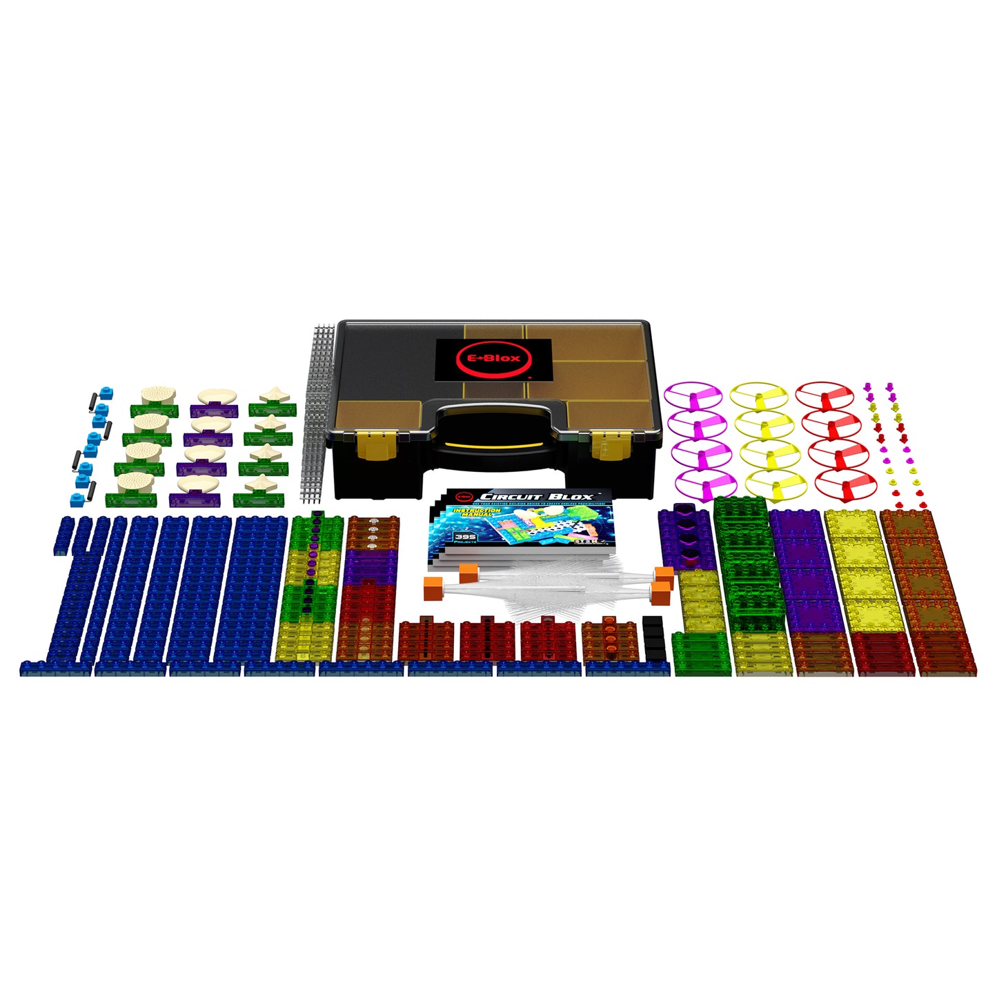 E-Blox Circuit Blox 395 STEM building set with black storage case open, displaying colorful plastic circuit blocks, connector pieces, and instruction manual wit