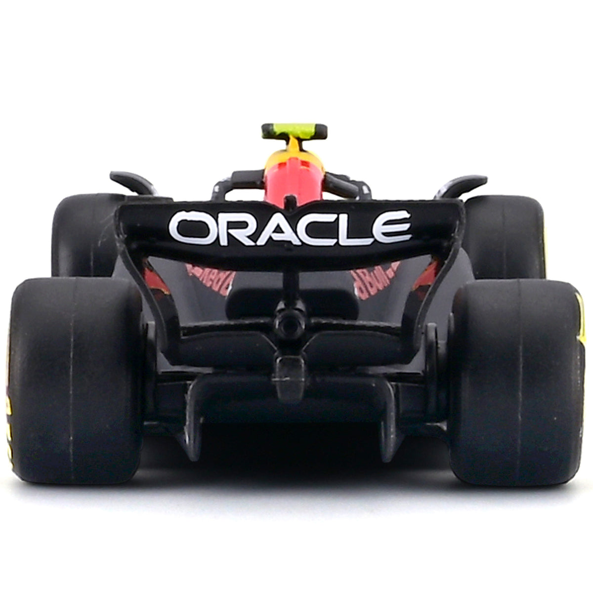 Bburago 1:64 Red Bull RB21 diecast race car with yellow and red details, displayed from rear view