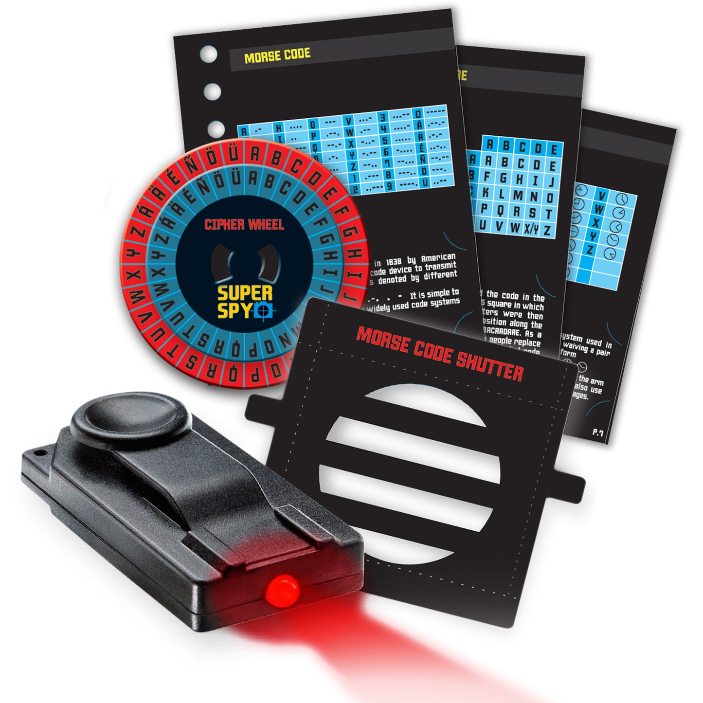 KidzLabs Spy Science kit with cipher wheel, morse code tools, and red LED decoder
