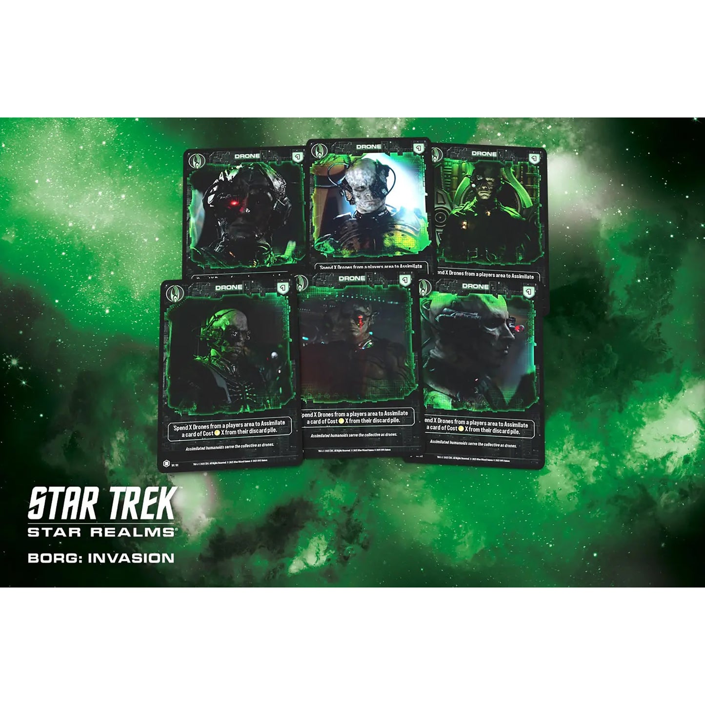 Star Trek Star Realms Borg Invasion expansion card game with six drone cards featuring Borg characters on green backg...
