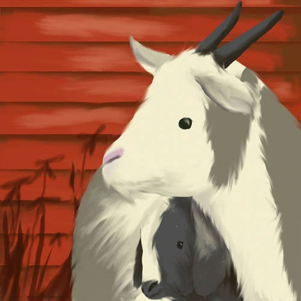 Illustrated white goat with black horns and beard against red barn wood background, canvas wall art