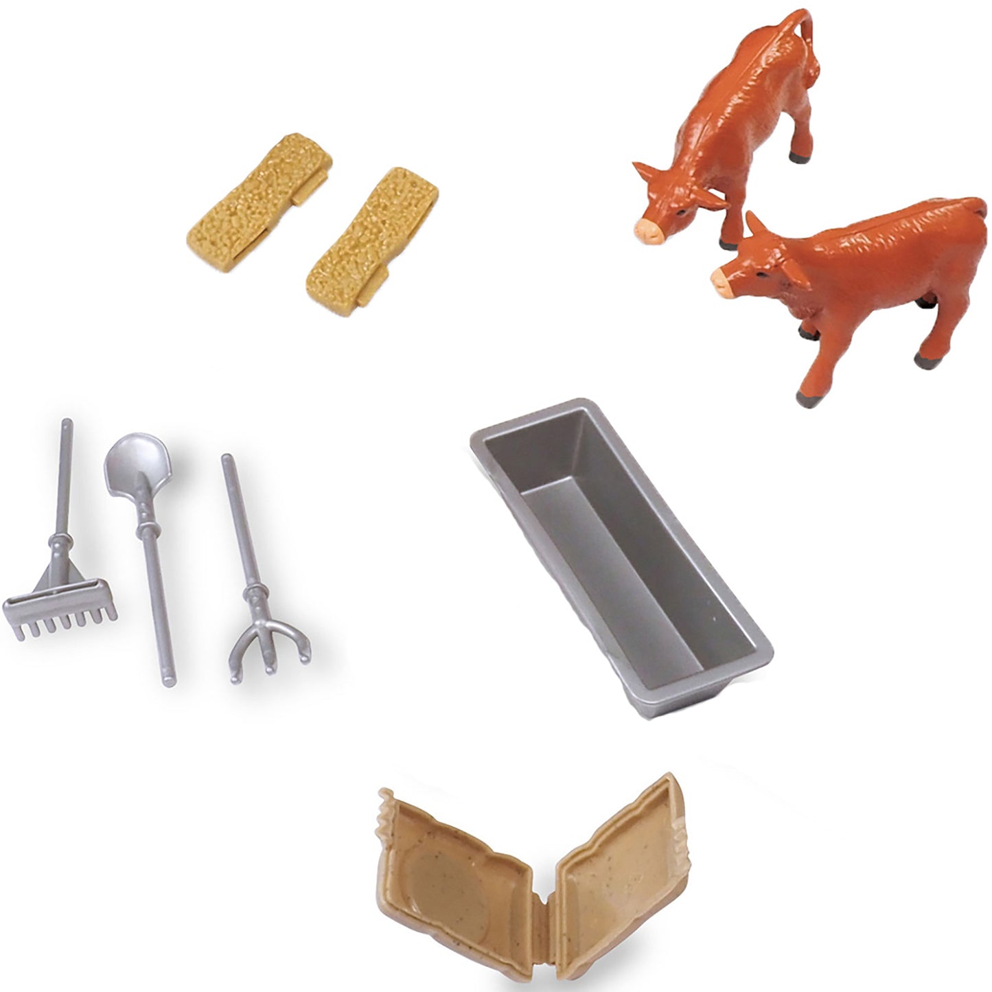 Trailer Playset Truck & Cattle 18pc set with red cattle figures, tan hay bales, farm tools, and storage tray