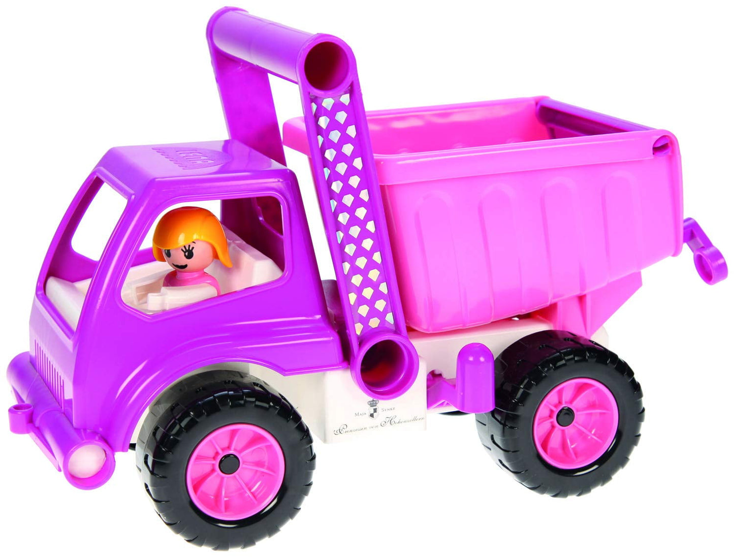 Pink toy dump truck with articulated bed, extendable chute, black and pink wheels, and small figurine driver visible in cab