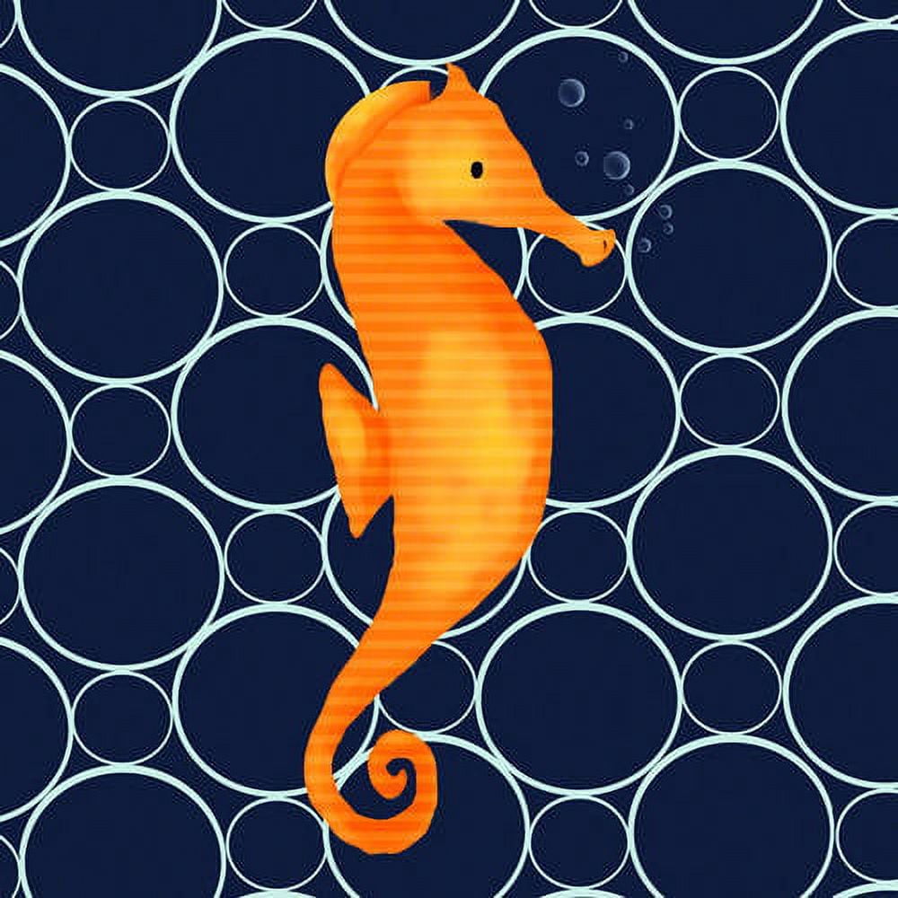 Orange seahorse with textured body and curled tail on dark navy background with white circular bubble pattern