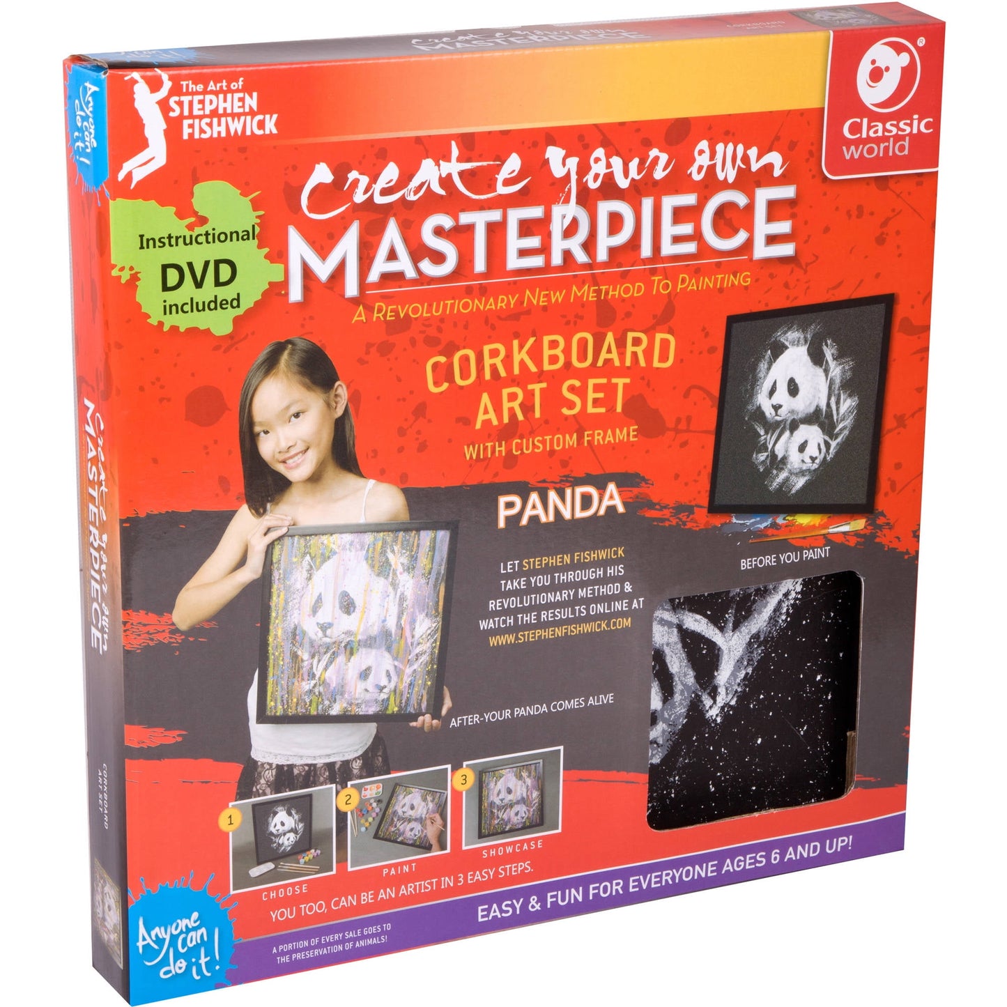 The Art of Stephen Fishwick Create Your Own Masterpiece Corkboard Art Set with instructional DVD, featuring panda design, modeled by a child holding finished ar