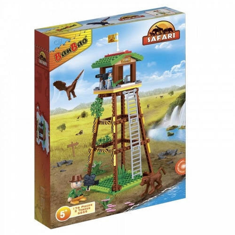 BanBao Safari Watch Tower Building Kit with 170 pieces, featuring a tall wooden tower structure with observation deck, ladder, and safari animals including a li