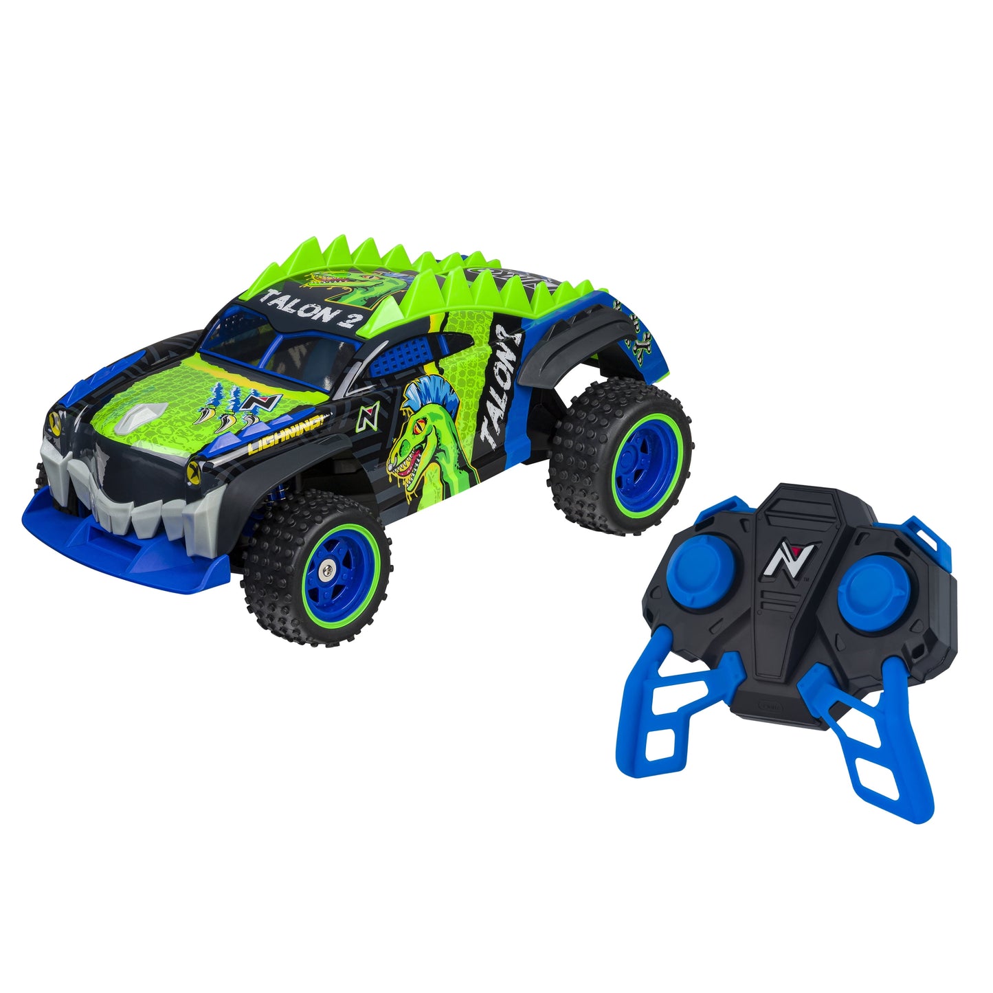 Nikko RC Dino Truck Talon #2 with lime green and blue dinosaur-themed design, large black knobby tires, and matching black and blue remote control with grip han