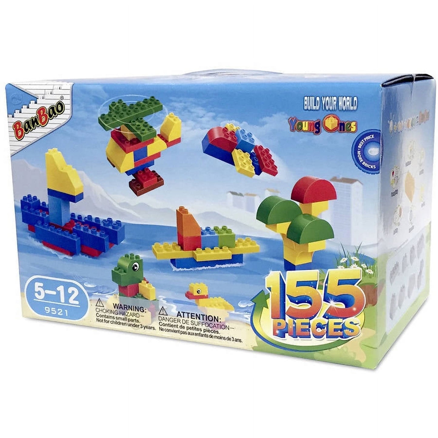 BanBao Young Ones 155-piece building block set box showing colorful construction examples including boats, animals, and structures made from yellow, blue, red,