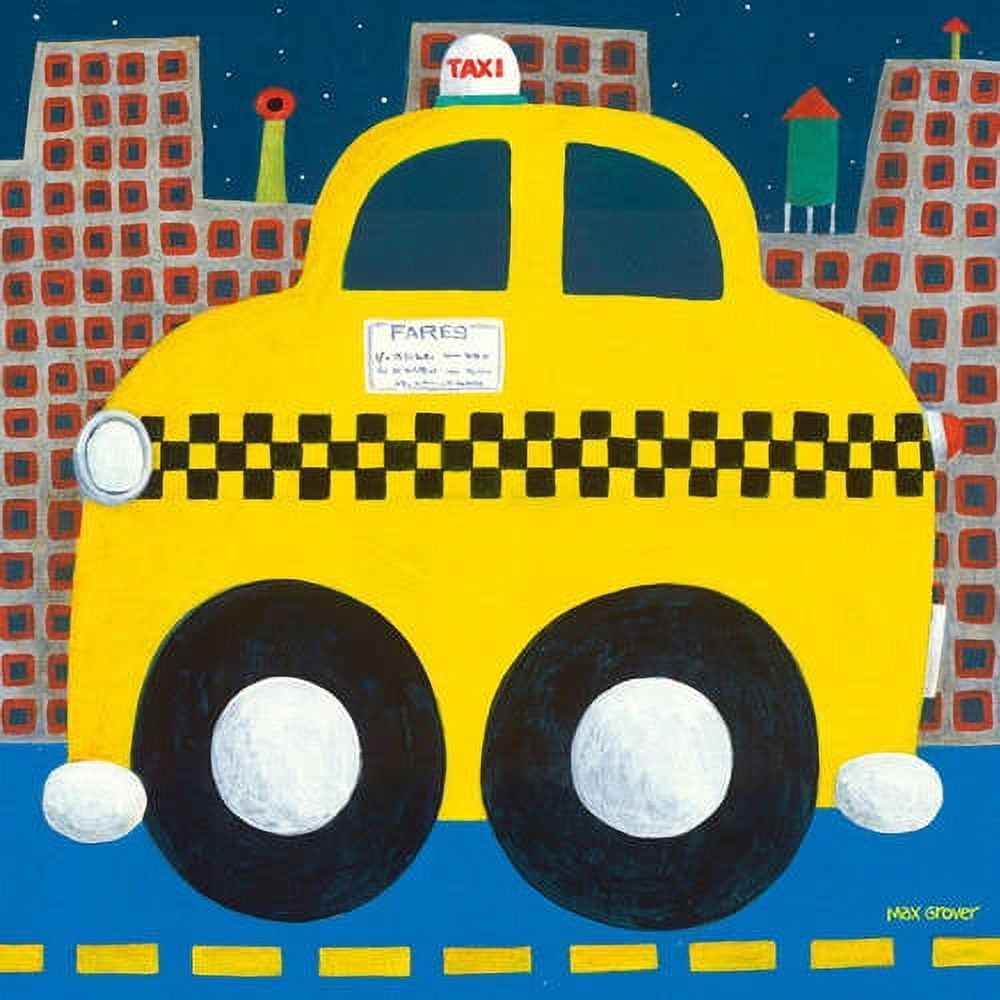 Vibrant illustration of a yellow taxi cab with black and white checkered stripe, large black wheels, and cityscape with brick buildings in background