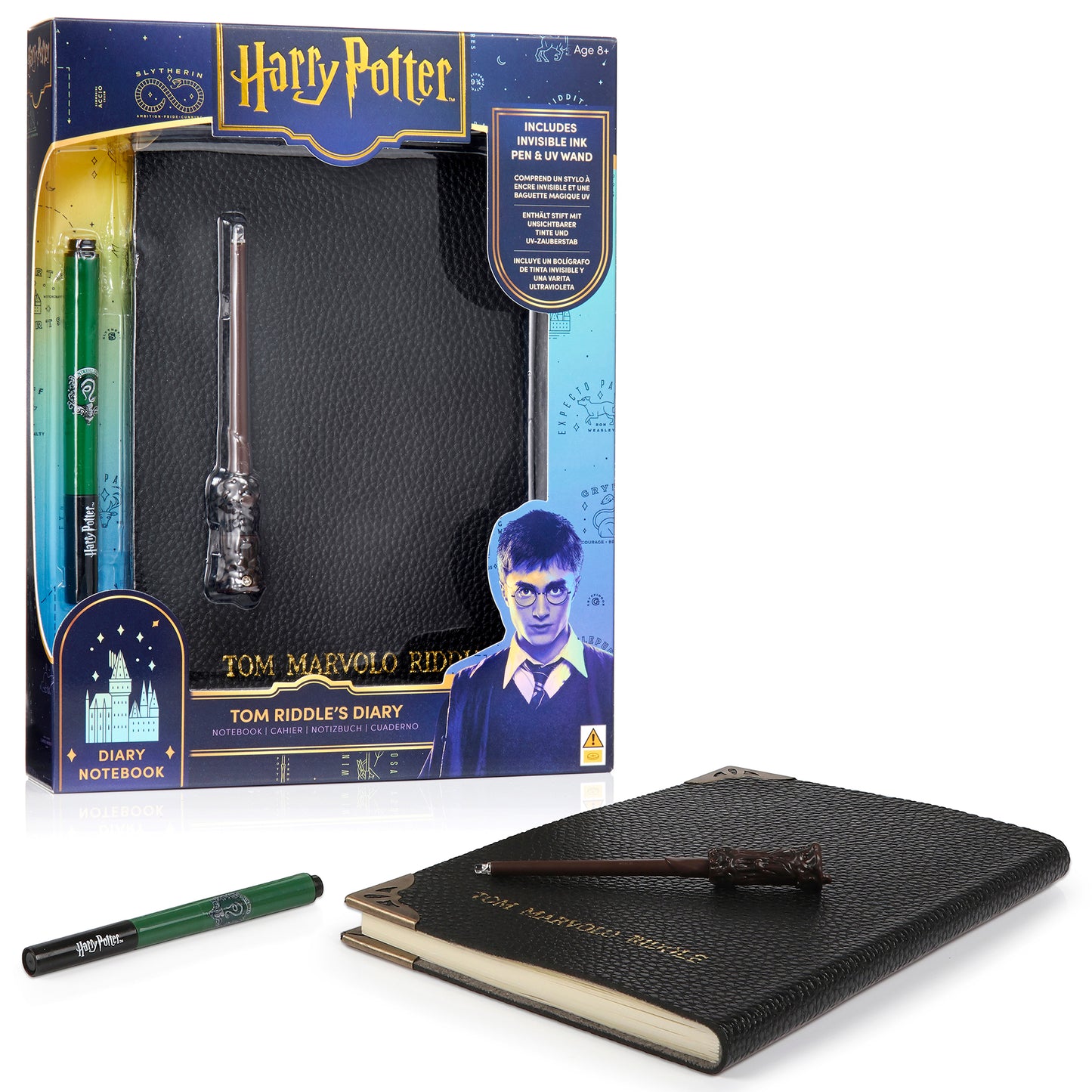 Harry Potter Tom Riddle's Diary Set with black leather notebook, green Slytherin UV pen, and wand replica, displayed with packaging