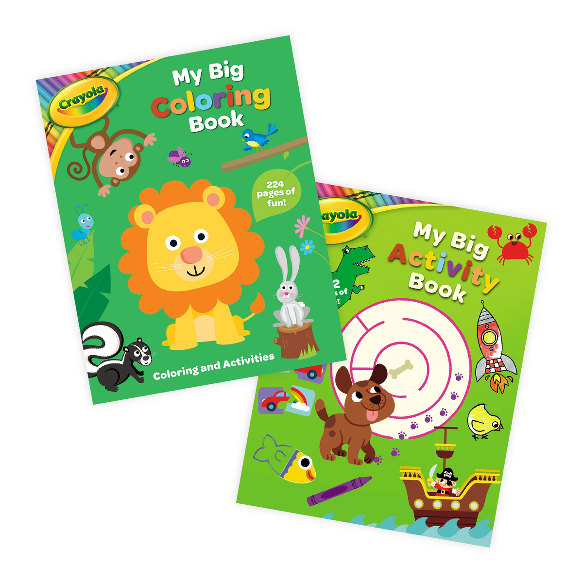 Two Crayola activity books displayed: My Big Coloring Book featuring a lion and animals with 224 pages, and My Big Activity Book with maze and game activities,