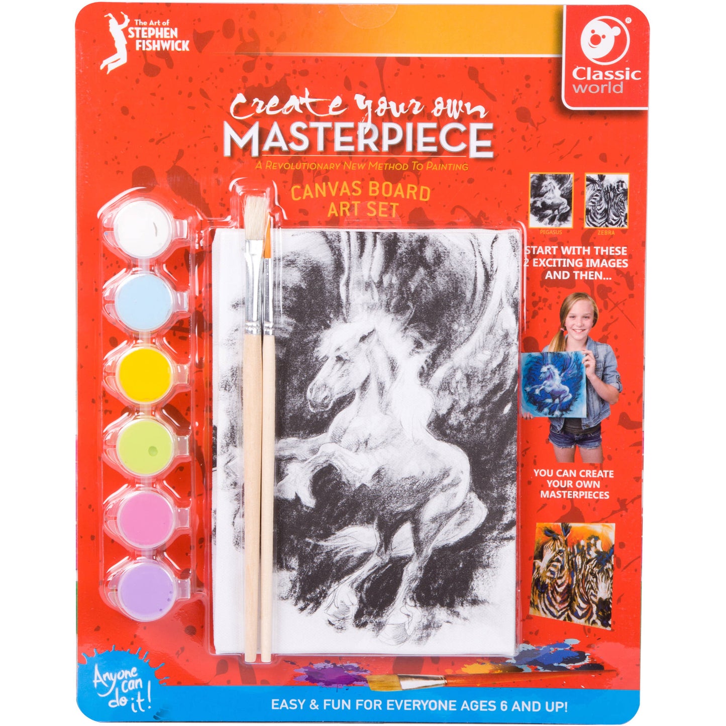 The Art of Stephen Fishwick Create Your Own Masterpiece Canvas Board Art Set with paint palette, brushes, and pre-printed horse sketch on canvas