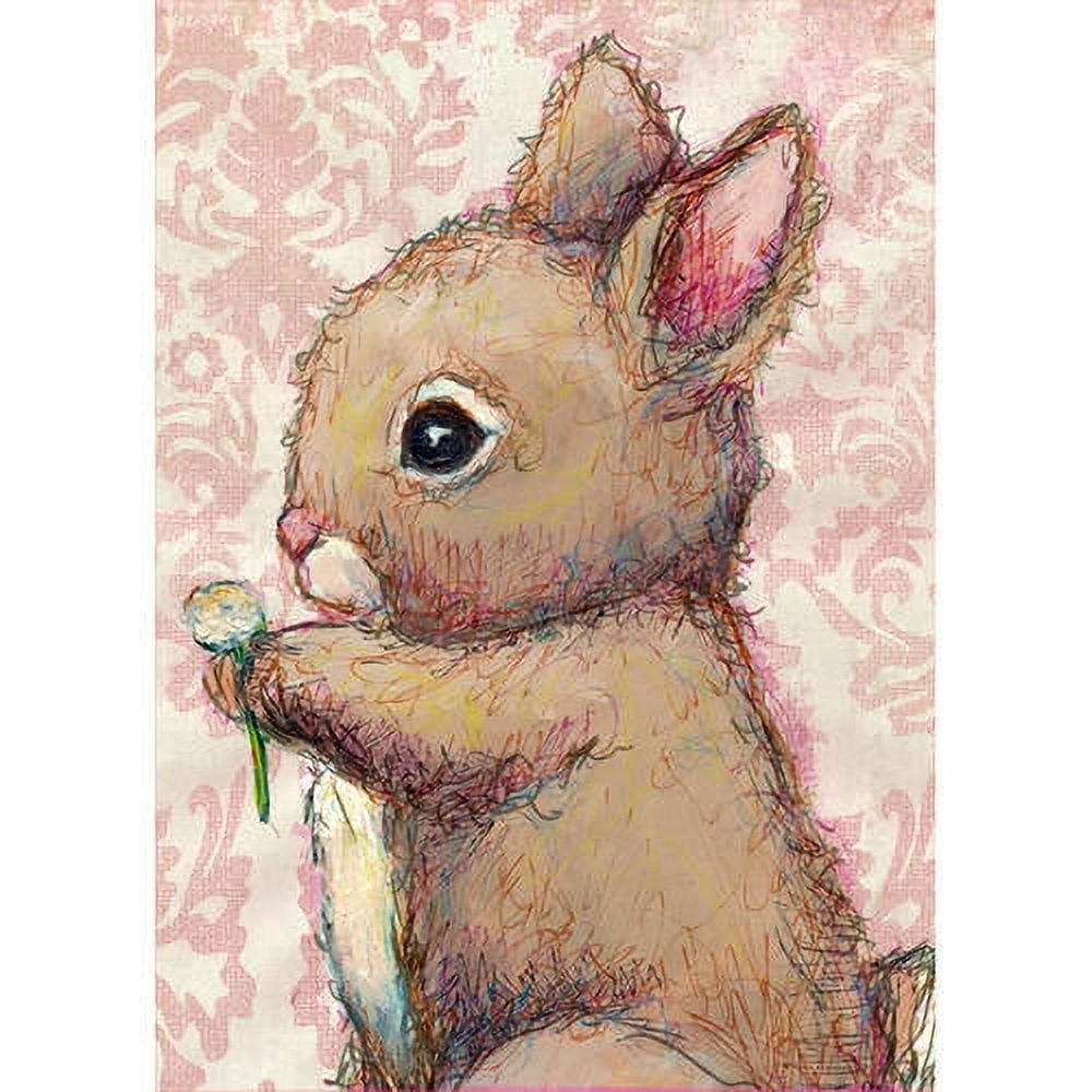 Illustrated bunny with tan and pink coloring holding a small flower, against pink damask patterned background