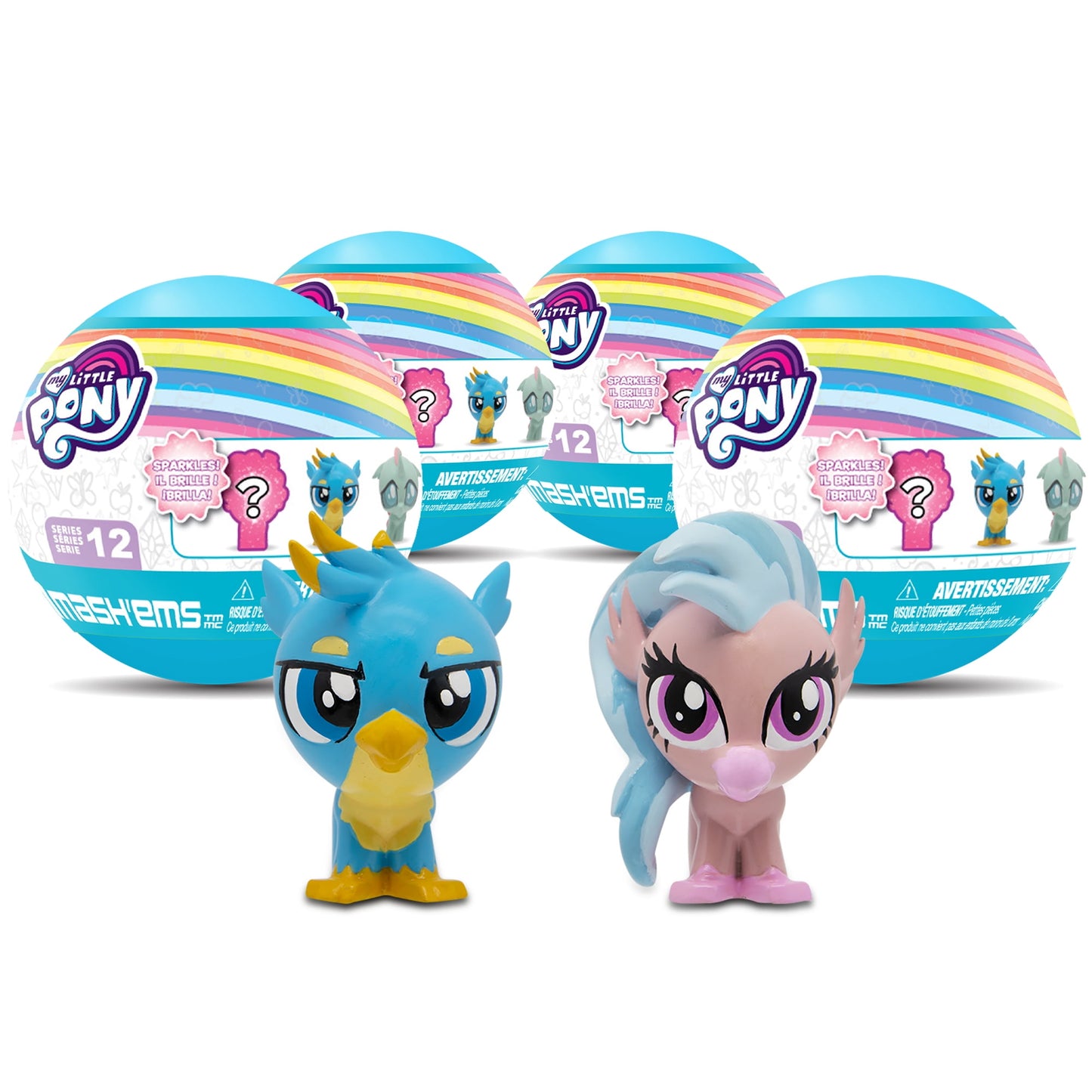 My Little Pony Mash'ems Series 12 collectible figures: blue pony with yellow beak and pink pony with blue mane, shown with rainbow-striped packaging spheres beh