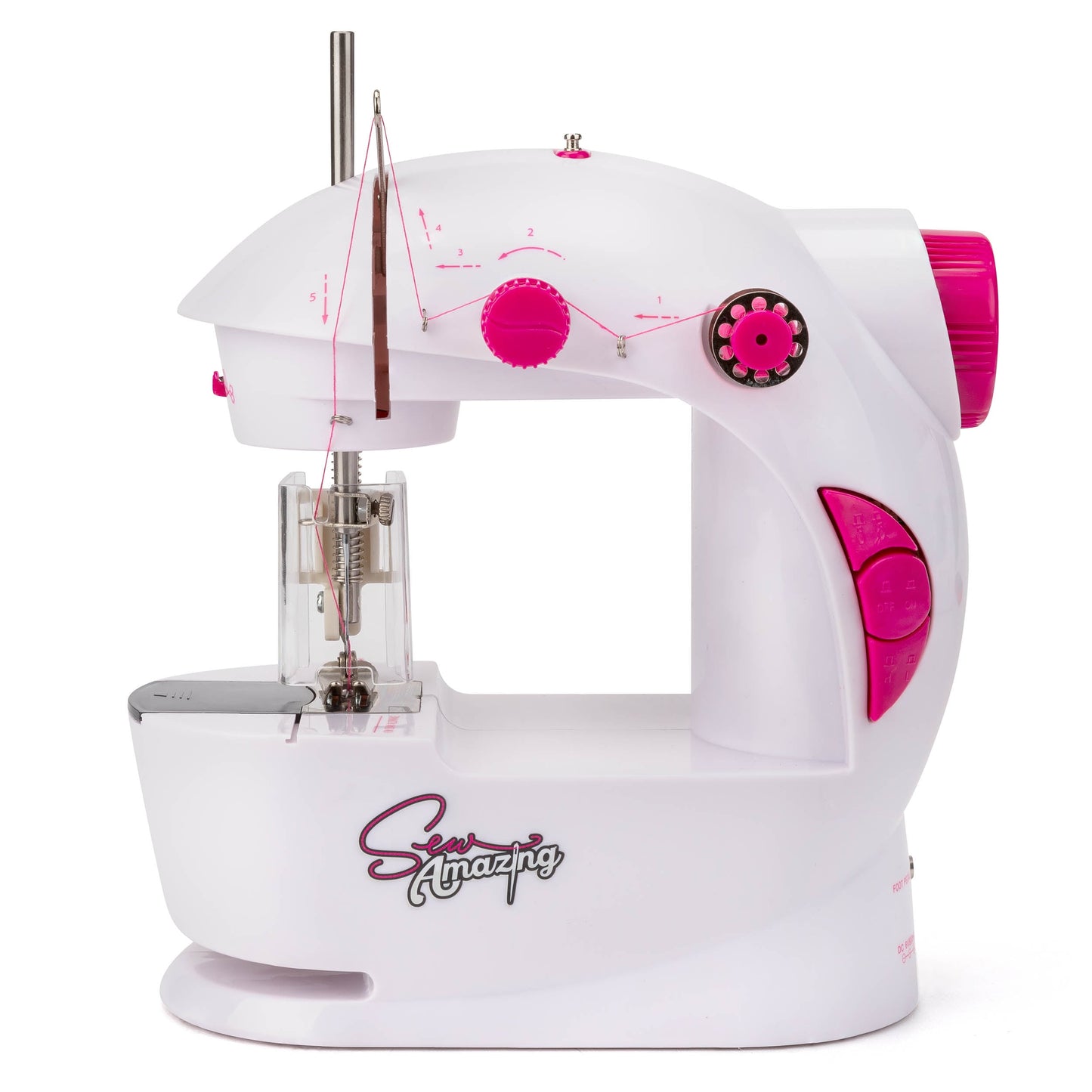 Sew Amazing Kids' Sewing Station in white and hot pink with thread spool, needle, stitch dial, and foot pedal
