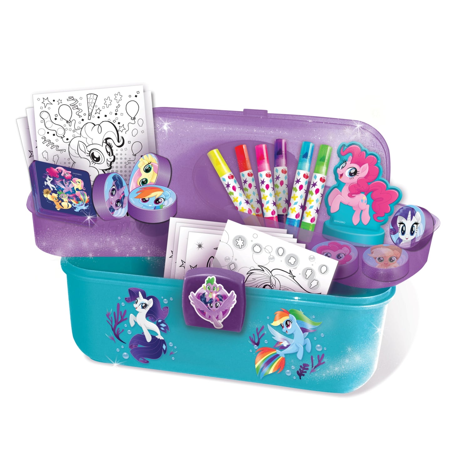 Stamp Art Studio Set with purple and turquoise case, markers, coloring pages and character stamps