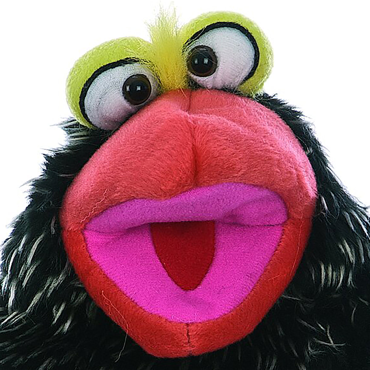 Living Puppets: Poe The Bird hand puppet with lime green head, large expressive eyes, black sides, and bright pink op...