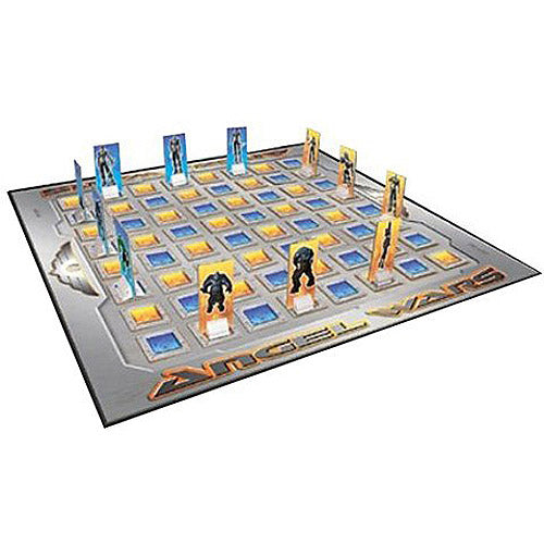 Angel Wars strategy board game with blue and gold game pieces on checkered board, standing towers, and illustrated gameboard with Egyptian-themed design