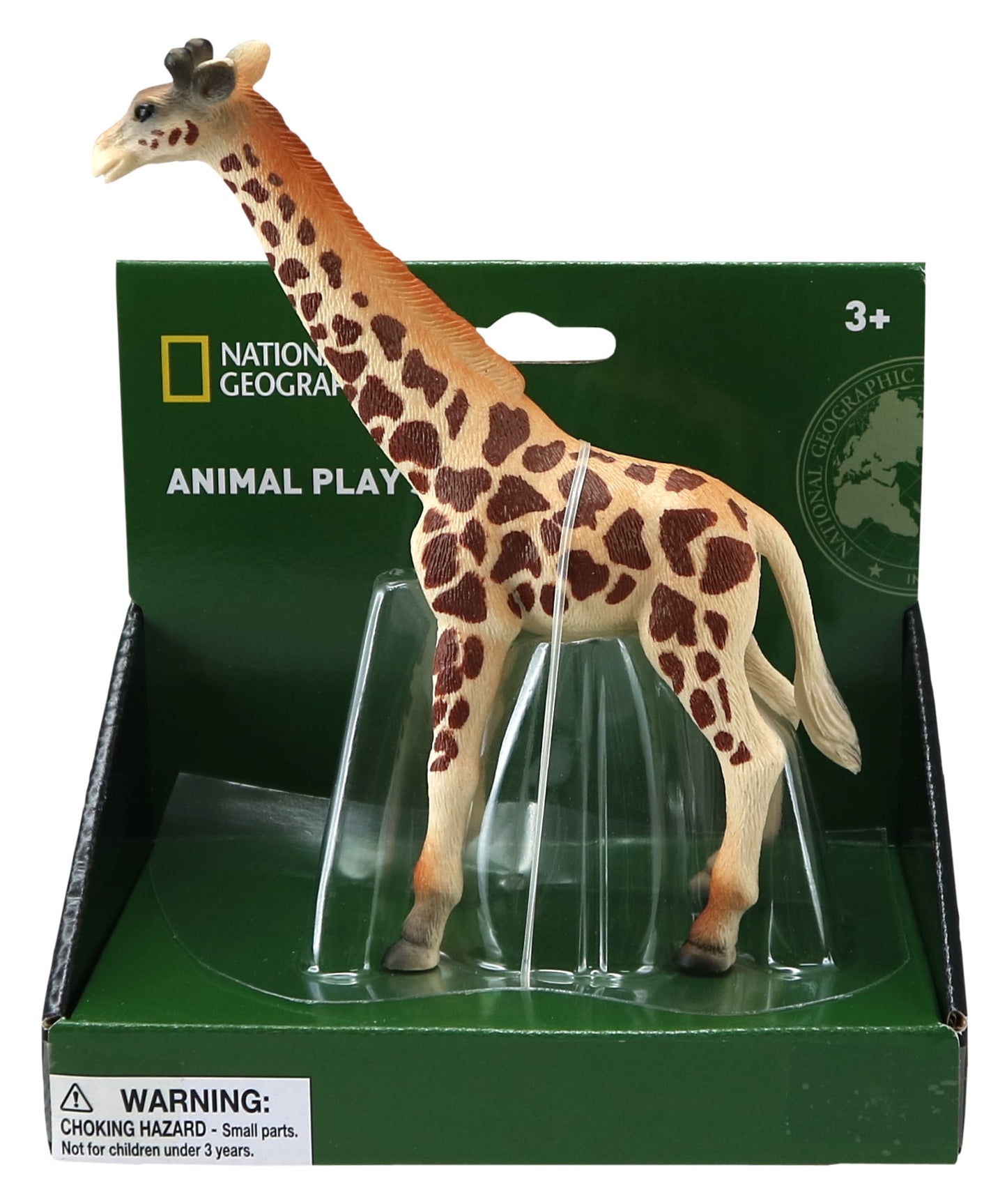 National Geographic Animal Play giraffe figurine with tan coat and dark brown spots, displayed in packaging