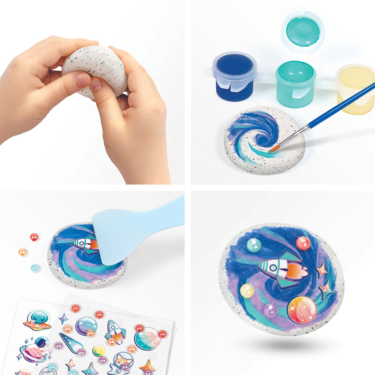 Rock Dough Cosmic Creations craft kit with colorful dough, painting tools, and space-themed stickers