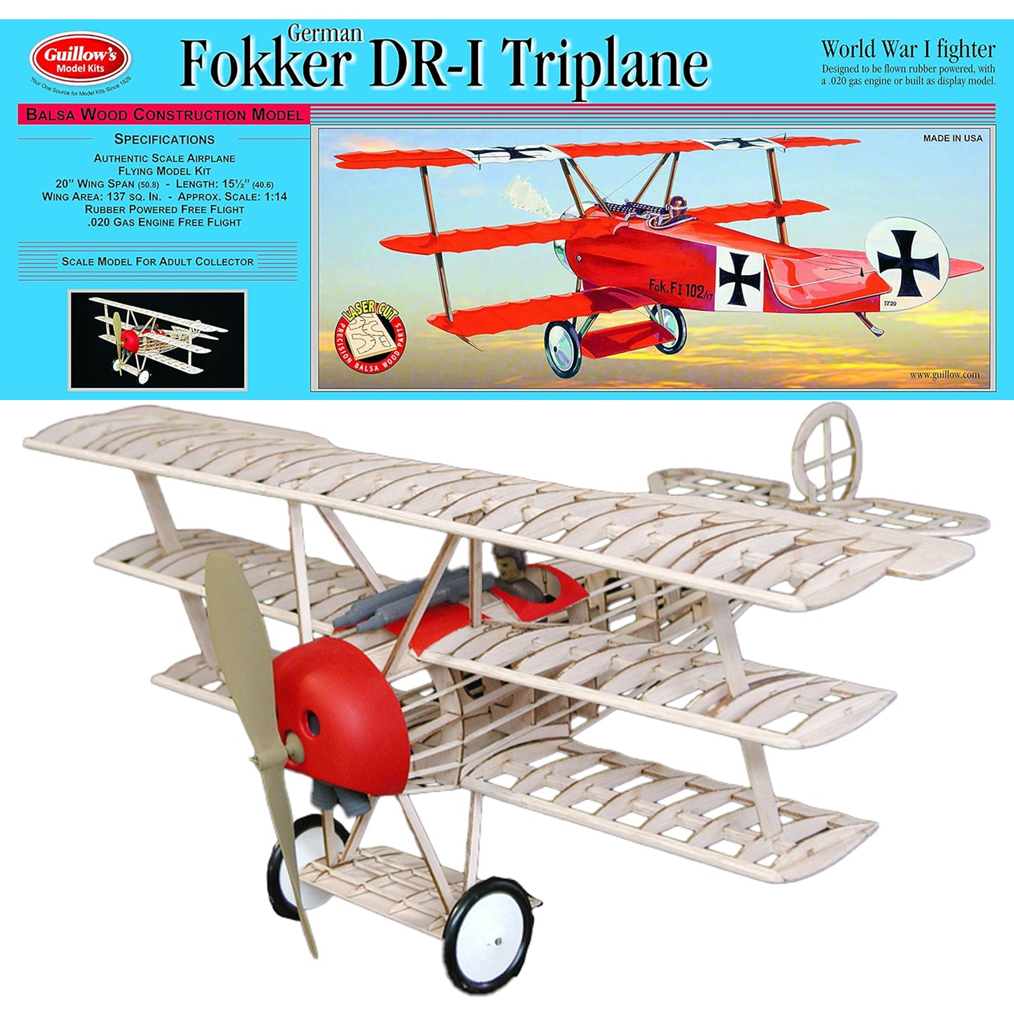 Fokker DR-I Triplane balsa wood model kit with red fuselage and natural wood frame