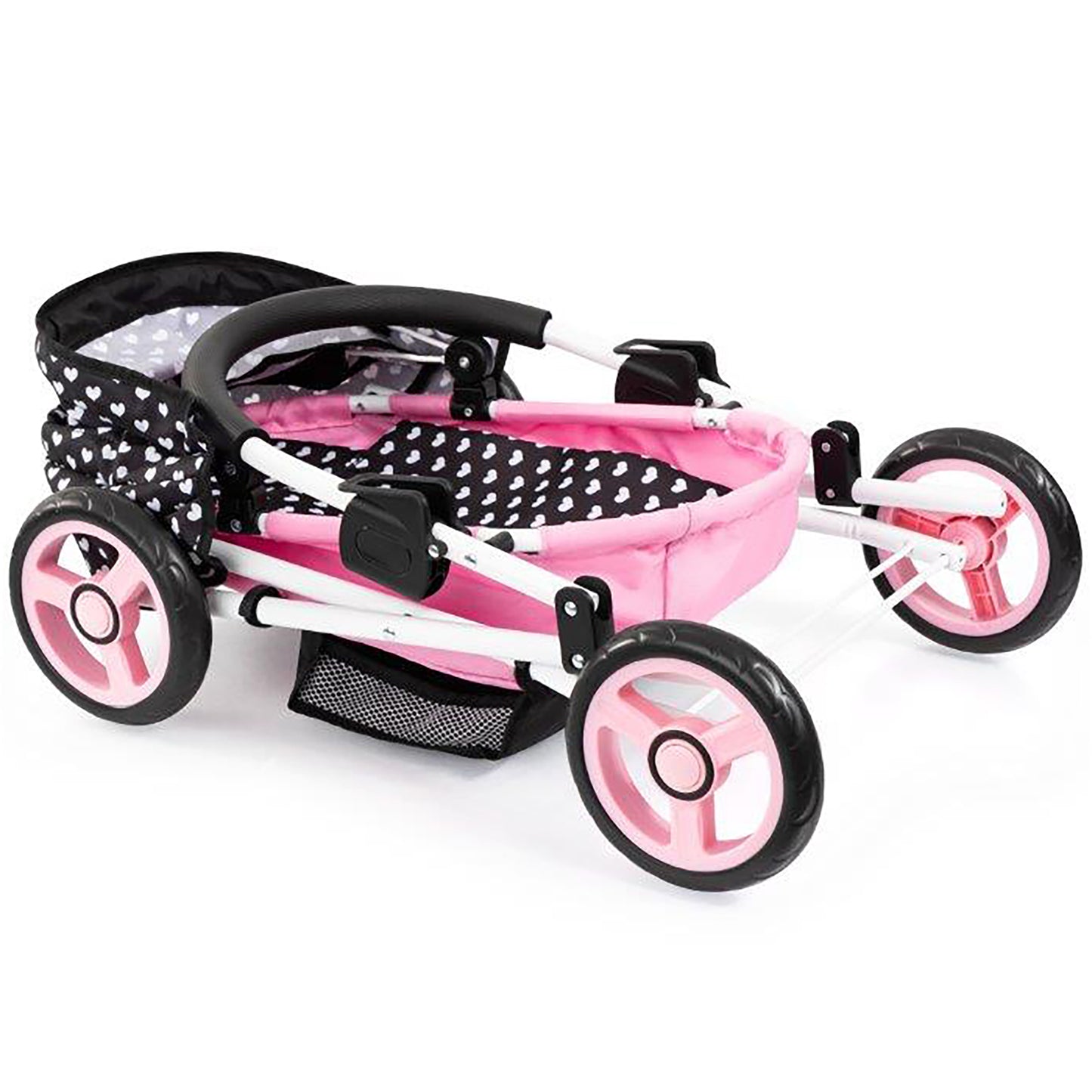 Bayer Design Dolls Pram Cosy with black and pink frame, heart pattern canopy