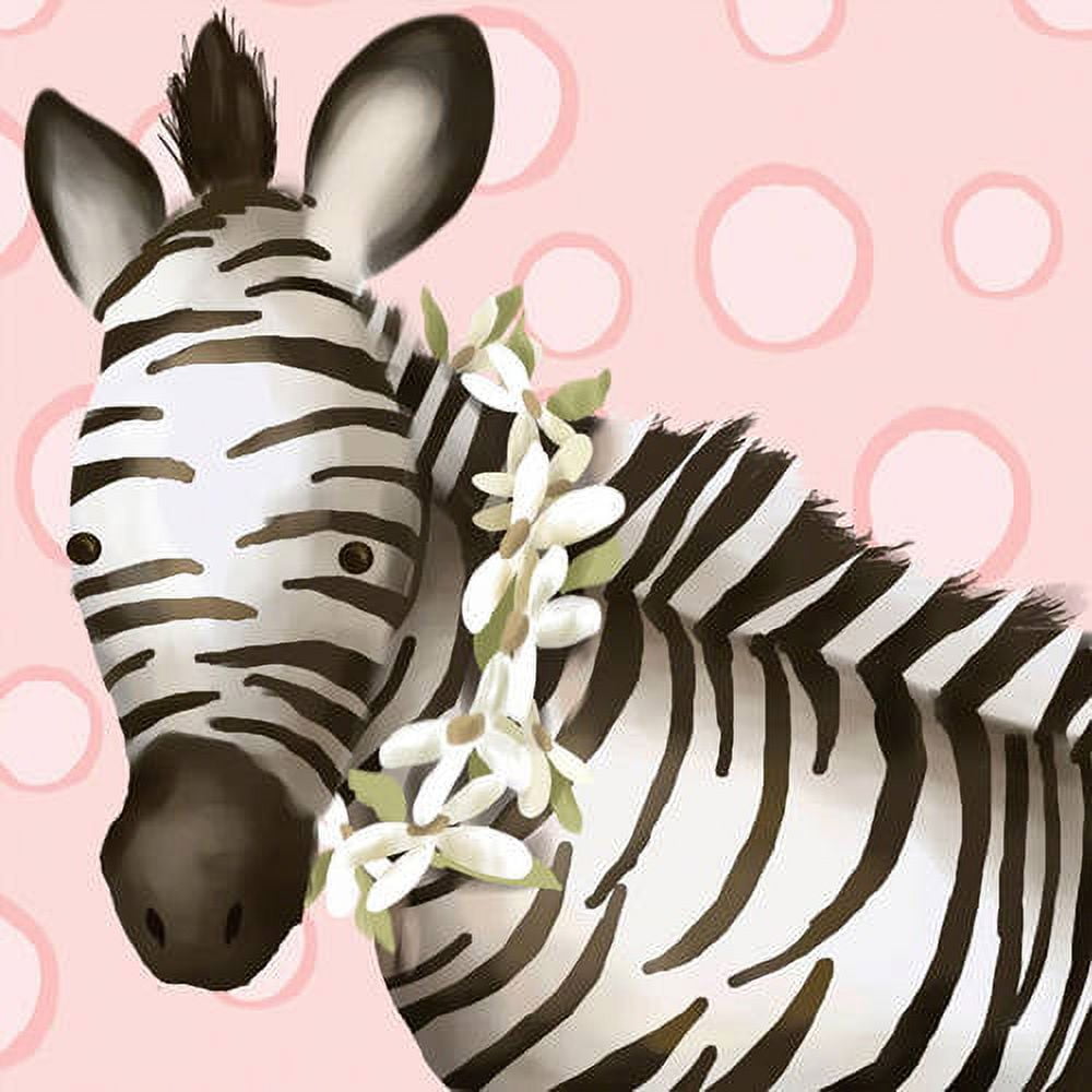 Stylized zebra head with white and brown stripes and white flowers on pink background with circular pattern