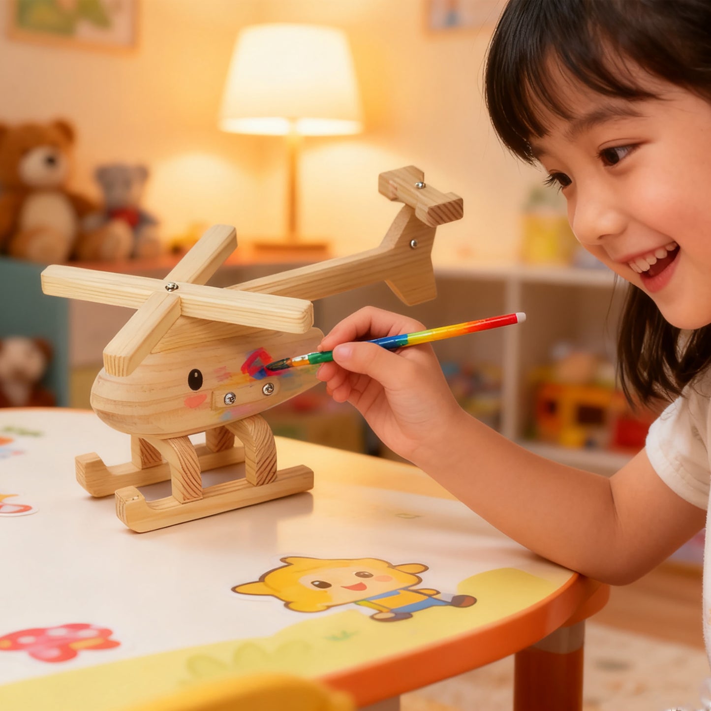 Easy Playhouse 3pc Wood Building Toy Kit with child painting wooden animal toy