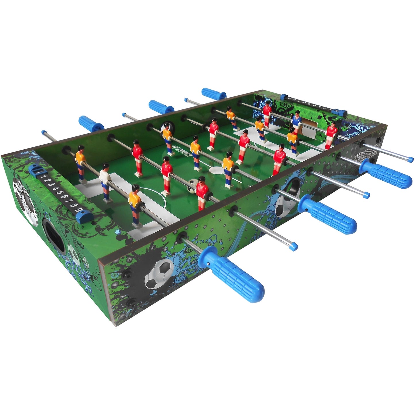 Compact foosball table with green playing surface, blue handles, and red and yellow team figurines on eight rows of rods