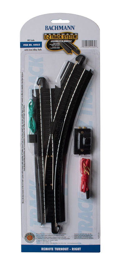 Bachmann Trains HO Scale E-Z Track Remote Turnout Right set with black steel alloy rail track sections, remote control, connector, and power supply on packaging