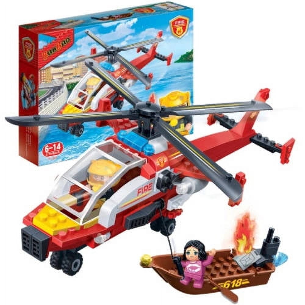 Red and white fire rescue helicopter playset with minifigure pilot, small rescue boat, and fire scene accessories on plain background
