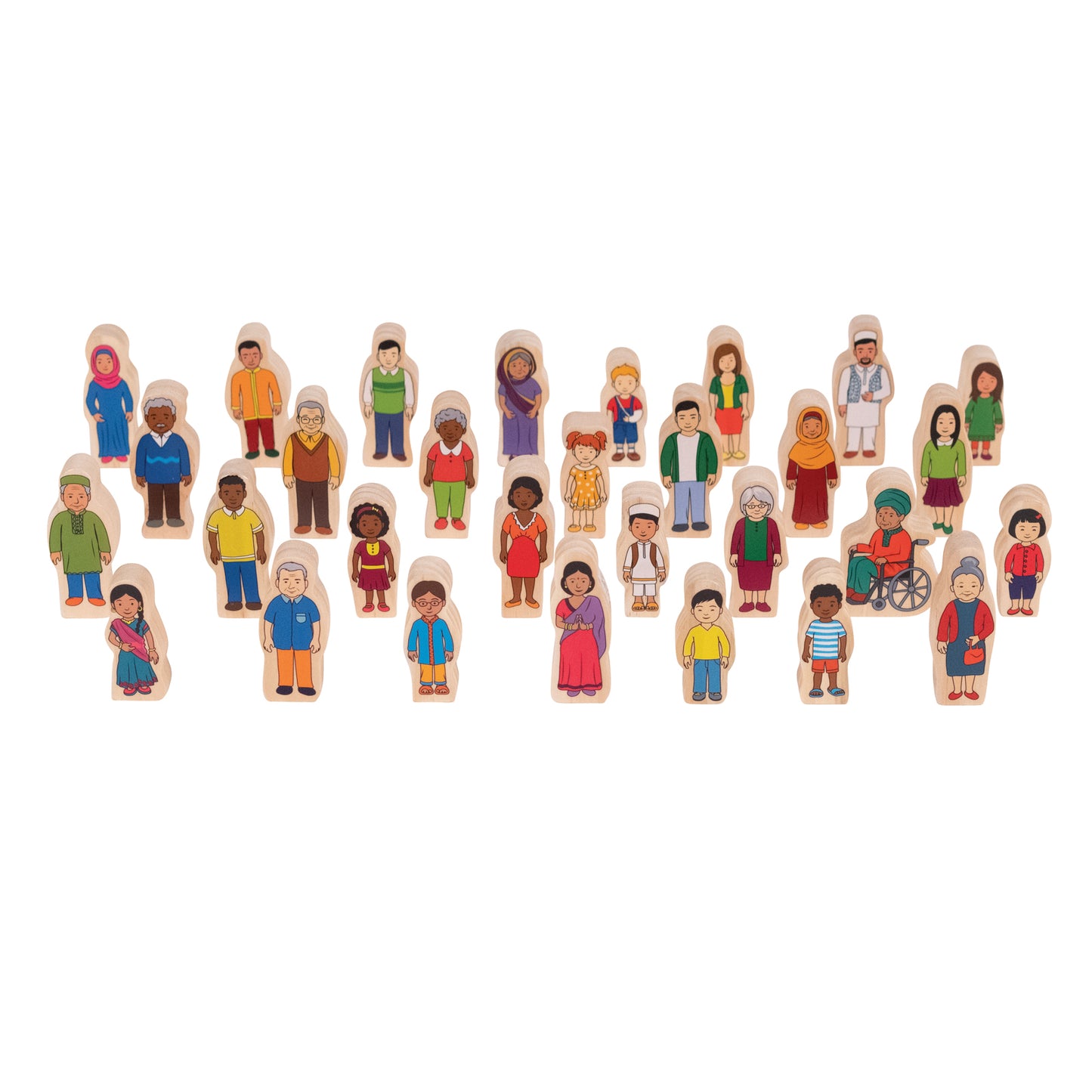 30 wooden block figures representing diverse children and adults of various ages, ethnicities, abilities, and clothing styles arranged on white background