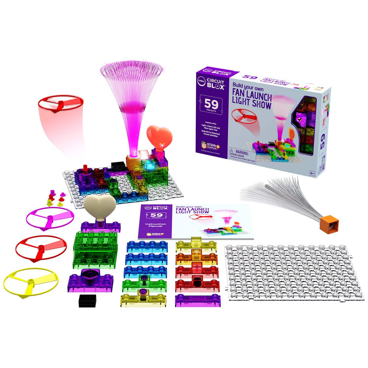 Circuit Blox 59-piece STEM building set with colorful translucent blocks, instruction manual, fan launch light show assembly, and component pieces displayed